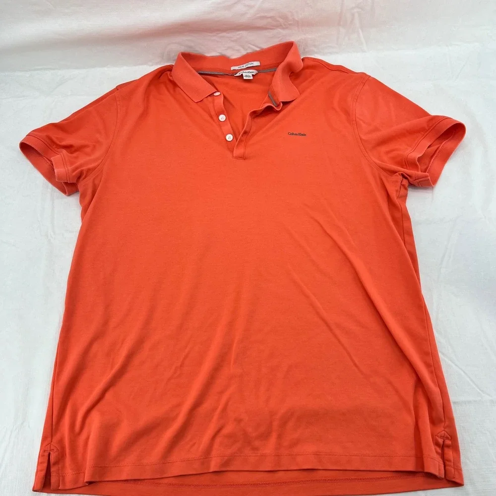 Calvin Klein Mens Liquid Cotton Polo Shirt Orange Short Sleeve Logo Size L